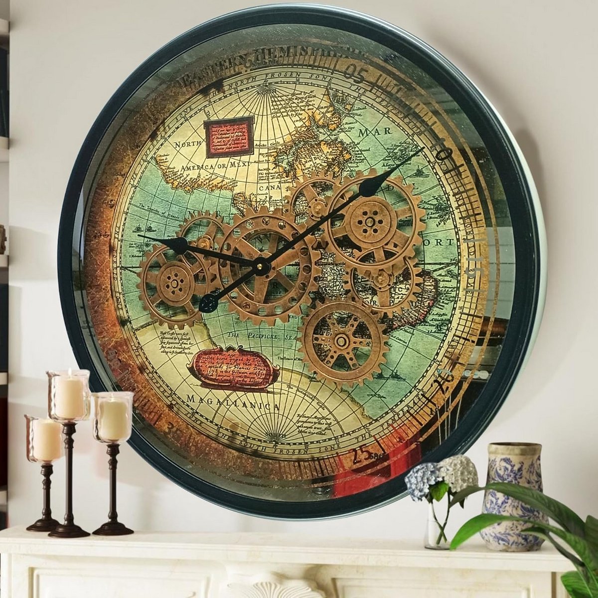 Grote Wandklok 60cm met Echt Bewegende Tandwielen - Industrieel Vintage Design