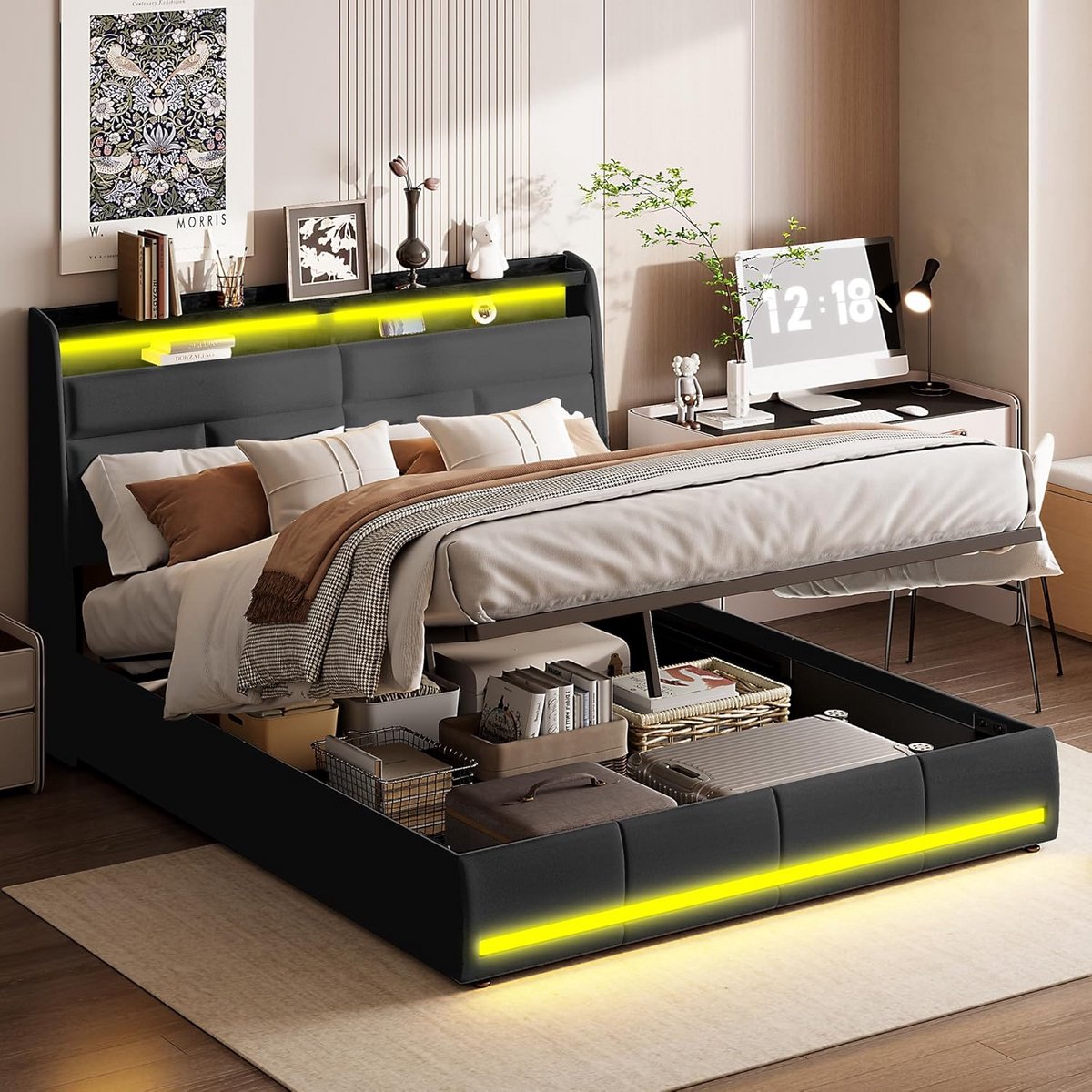 Gestoffeerd Tweepersoonsbed 140 x 200 cm met Opbergruimte en LED Verlichting