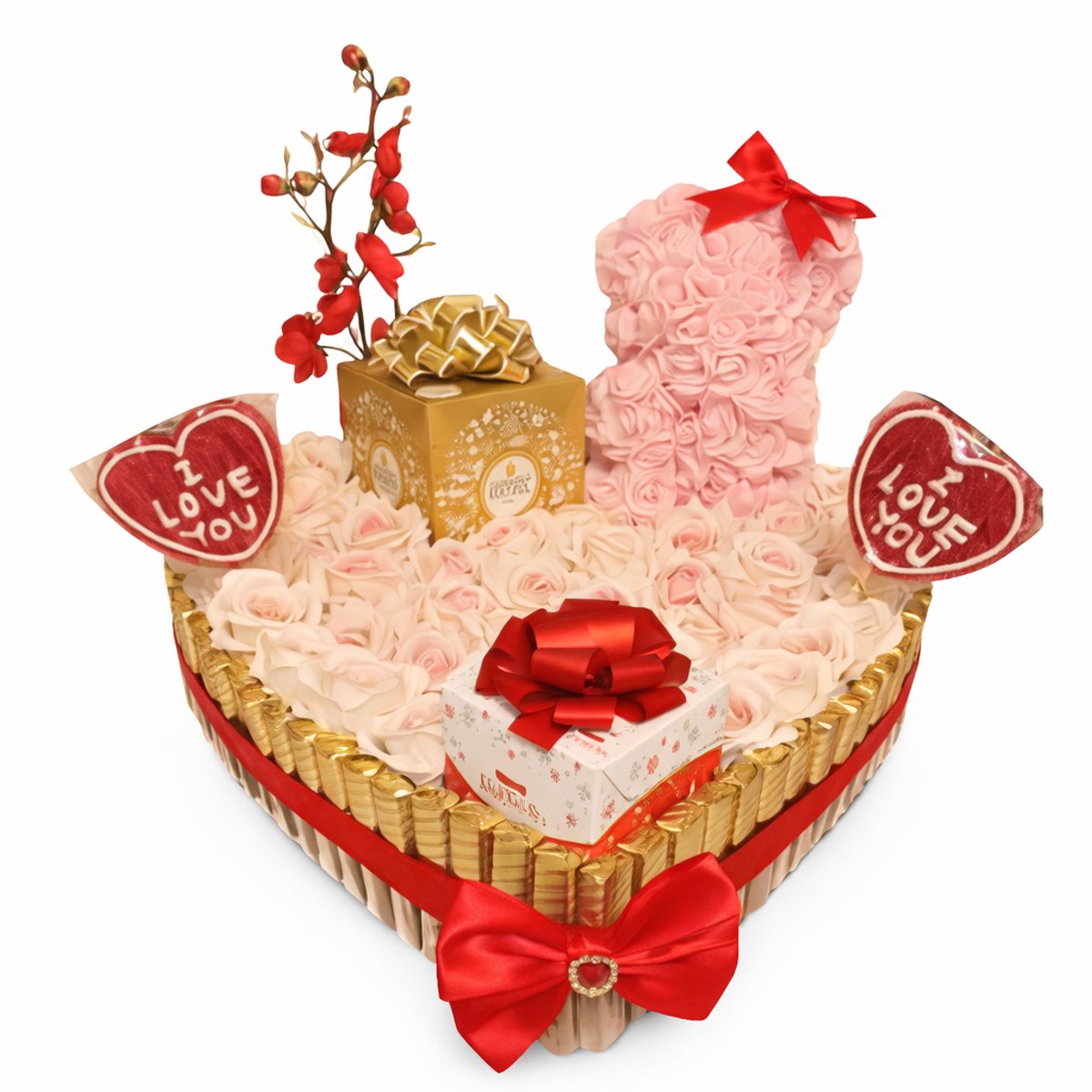 XL Luxe Valentijn Hartcadeau met Rozenbeer, Chocolade & Ferrero Rocher