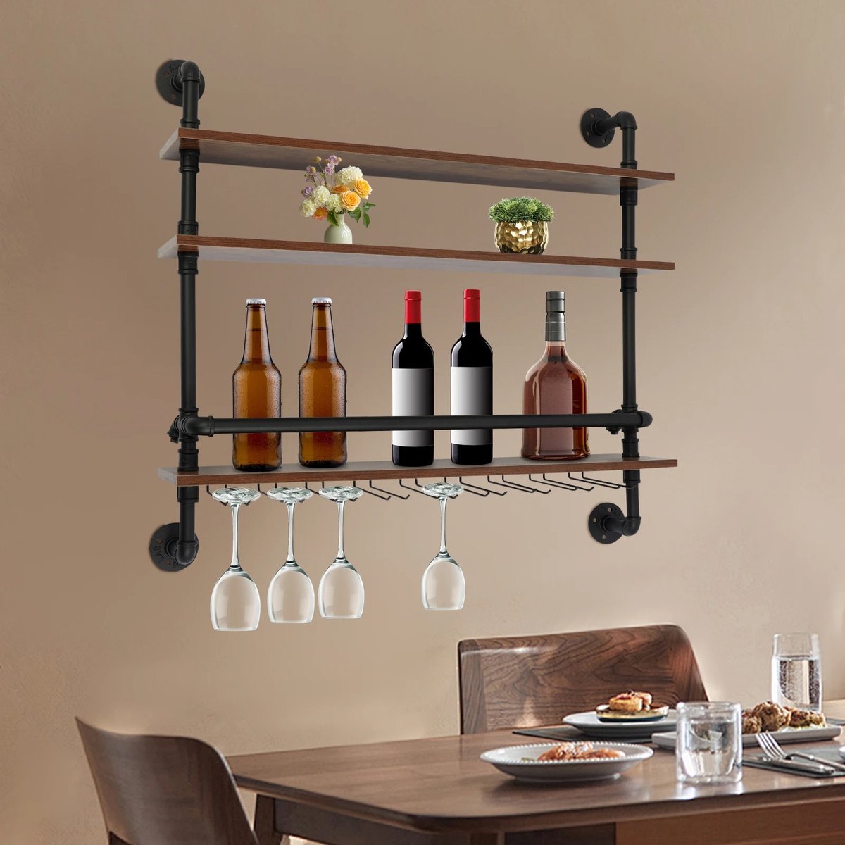 LeeuwenChoice® Wijnrek Voor Aan De Muur - 3 Laags Wijnglashouder - Multifunctioneel Wandrek - Muurgemonteerd - Bruine Planken