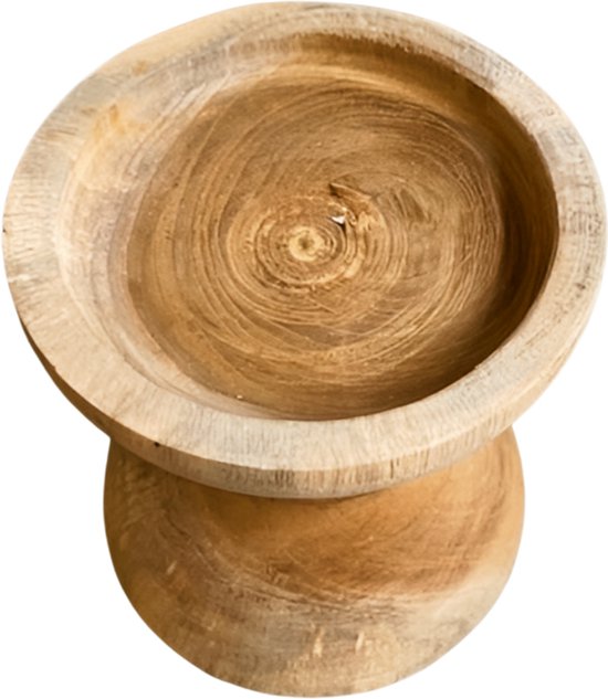 Houten kandelaar, S, 12 cm, van bovenaf gezien, met een rond dienblad en zichtbare houtnerf.