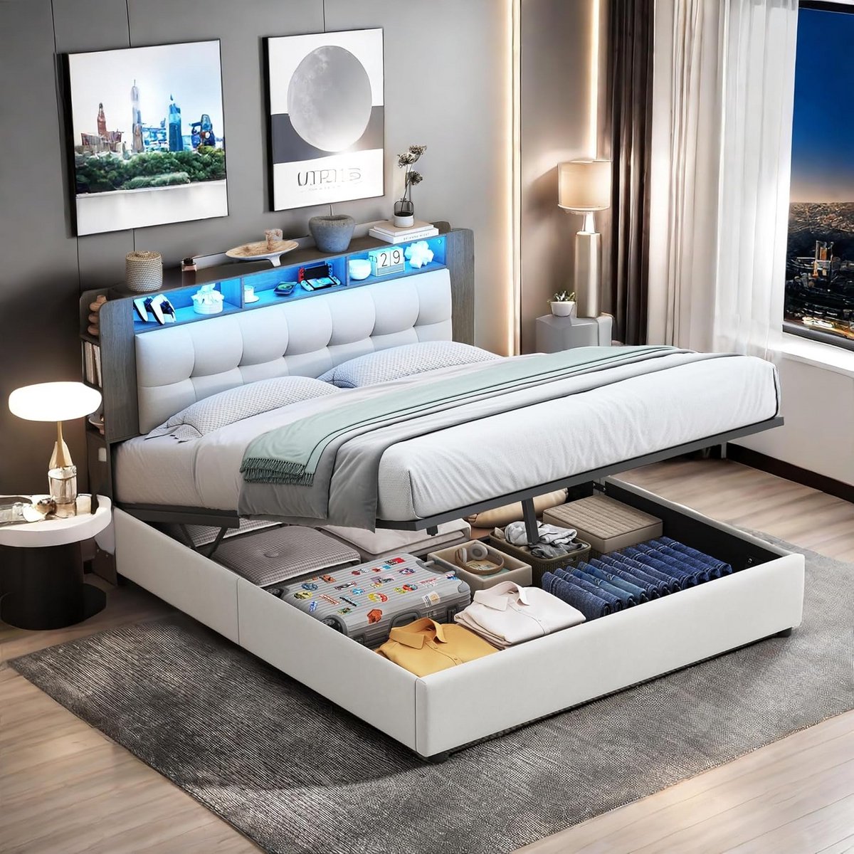 Gestoffeerd Tweepersoonsbed 140x200 met Opbergruimte en LED-verlichting