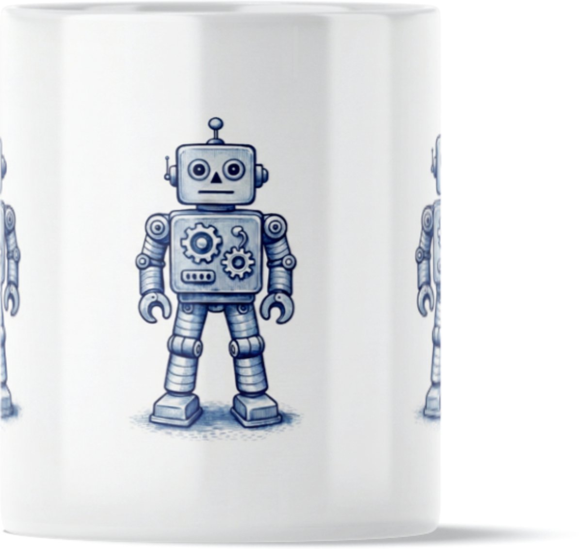 Delfts Blauw retro robot mok – emoties verdrietig neutraal lachend – sad neutral smiling – vintage mechanische robots – Delft blauw illustratie – humor cadeau werk & studie