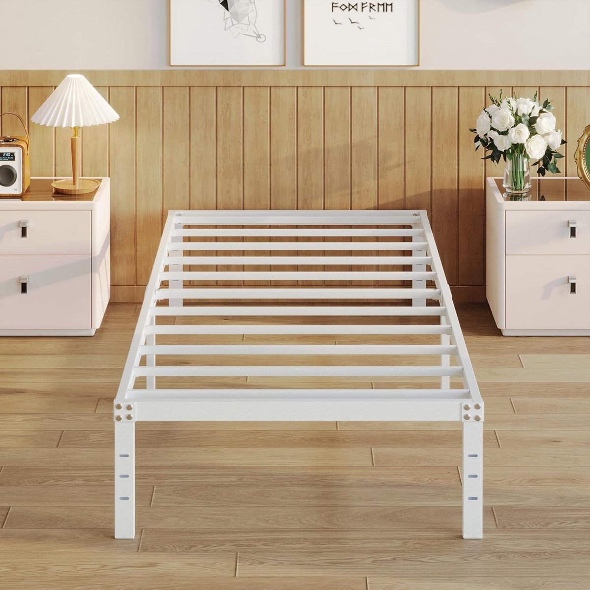Stevig 14 Inch Twin Bedframe (Eenpersoons) – Geen Boxspring Nodig – Veel Opbergruimte Onder Bed – Wit