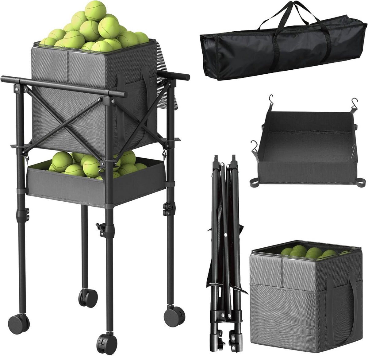 Tennisbal Hopper met Wielen - In Hoogte Verstelbare Ballenwagen voor Tennis & Pickleball (Capaciteit 150)