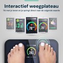 Voeten van een vrouw op een interactief weegplatform dat de metingen op het display toont.