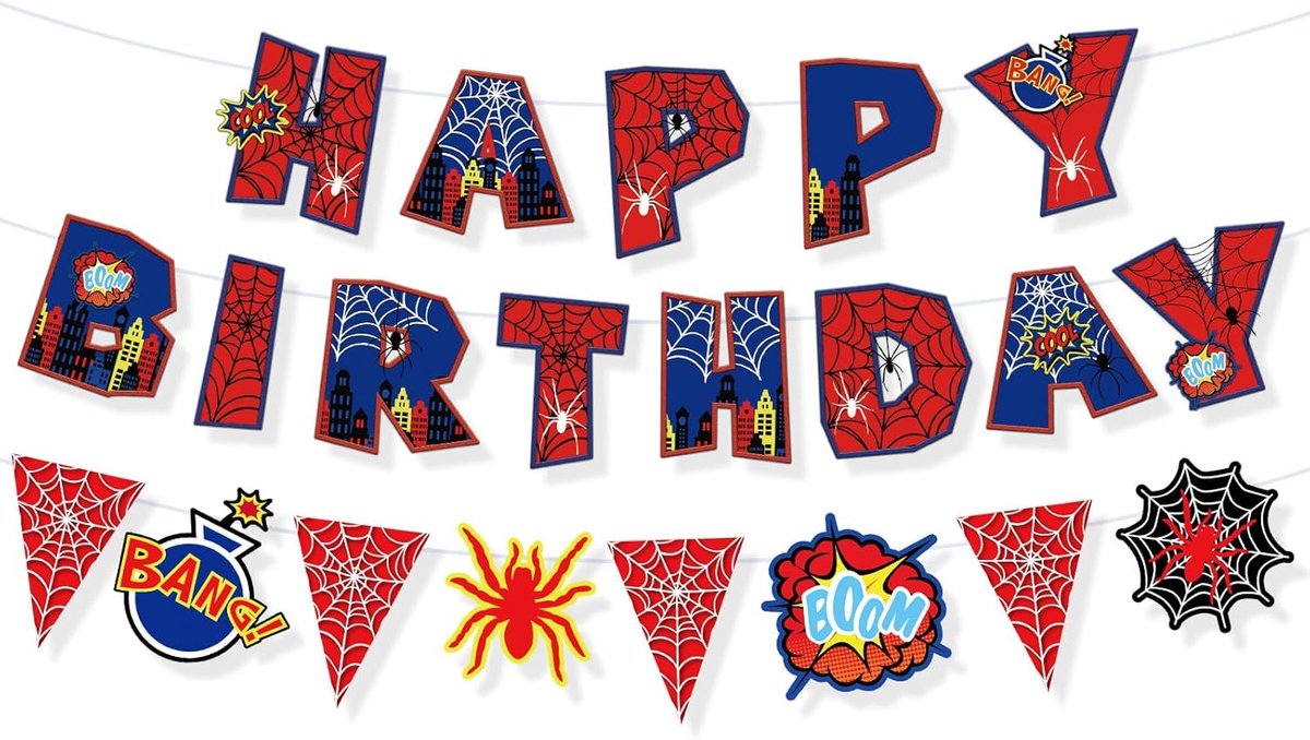 Spinnenthema Verjaardagsfeestdecoraties, Inclusief Happy Birthday-Banner en Spinnenwebvlaggetje voor Kinderen Feestartikelen voor Jongens en Meisjes Babyshowerdecoratie
