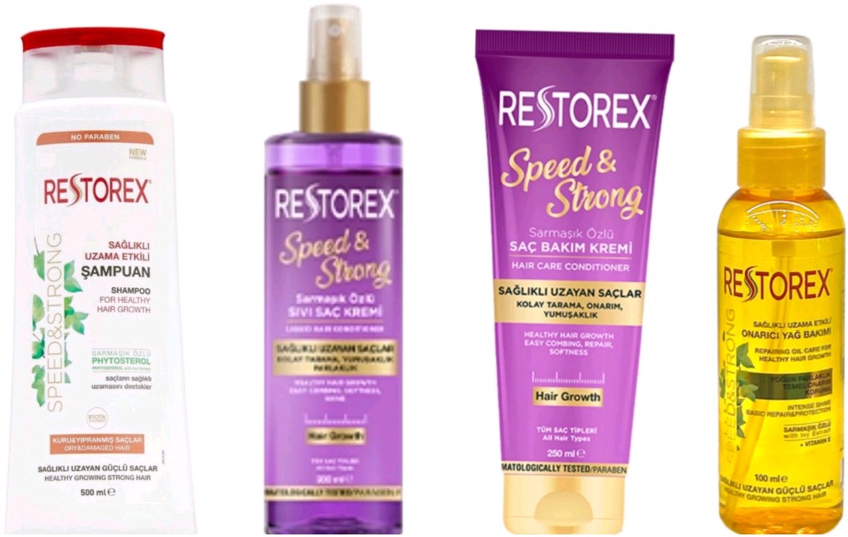 Restorex Speed & Strong Haarverzorgingset - Shampoo voor droog haar 500ml + Haarconditioner crème 250 ml + Voeibare conditioner 200 ml + Haarverzorgingsolie 100ml - Herbal shampoo - bio - haarverzorging set