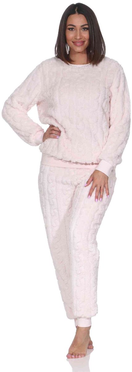 Normann Knuffelige warme damespyjama met lange mouwen en boorden van sherpa fleece rose