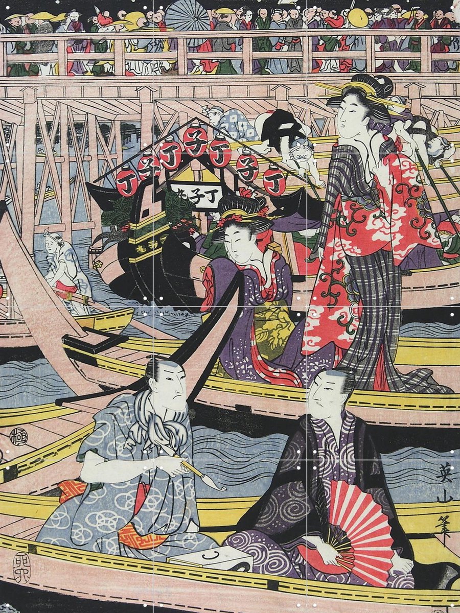 IXXI People enjoying Fireworks at Ryogoku Bridge, Kikuwa Eizan & Victoria and Albert Museum - 60 x 80 cm - Gratis ophangtool - Grote wanddecoratie en
