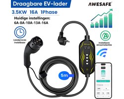 Awesafe Laadkabel Auto - Draagbare EV-Lader Type 2 - 3.5 kW 16A 1 Fase - Geschikt Voor Elektrische Auto - Waterdicht - 5M - 6A/8A/10A/13A/16A Schakelbaar - Bluetooth & Wifi