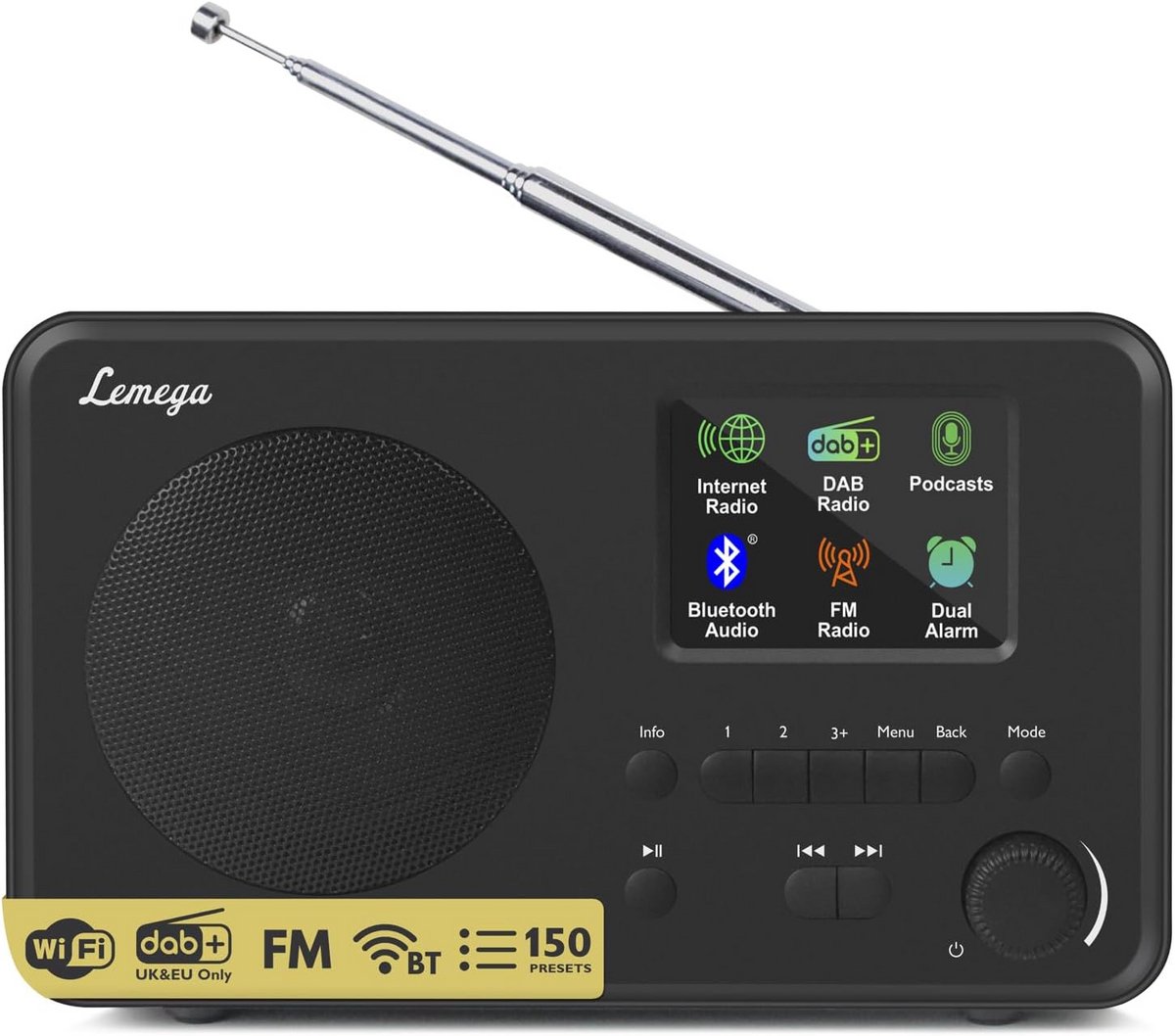 Internetradio - Digitale Radio - Wereldwijd Luisteren - Draadloze Bluetooth Connectie - 17.5 x 6.5 x 10.5 cm - Zwart