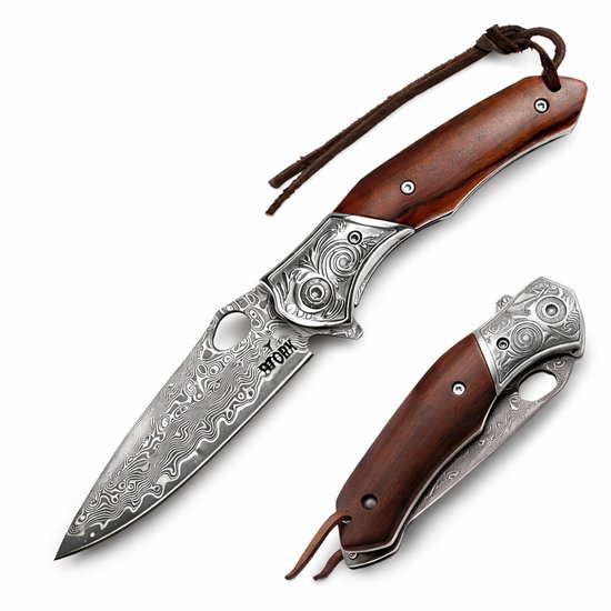 Couteau de poche Damas avec housse en cuir - Acier Damas - Survie - Couteau Plein air - Couteau de poche - Couteaux de poche - Couteaux de poche - Manche en bois - Robuste - Couteau de camping - Couteau de chasse - Camping - 18cm - Astuce cadeau