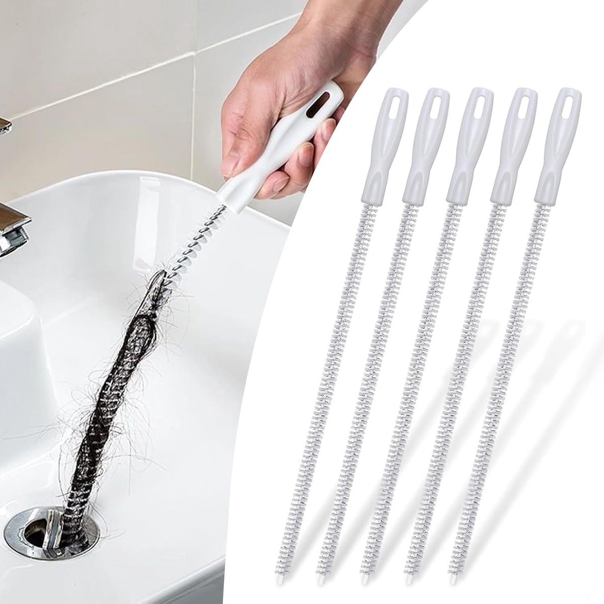 Afvoer Reiniger - Verstoppingsborstel Set - Leidingen Ontstoppen - Flexibel & Duurzaam - 5x 45cm - Wit