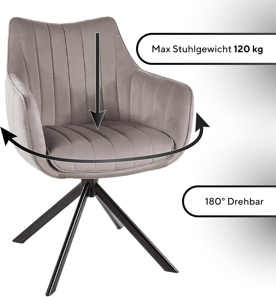 Velvet Draaistoel Eetkamerstoel 61 x 86 x 58 cm – 180° Roteerbare Design Stoel met Armleuningen en Metalen Onderstel Donker Beige – Azalia – Abkantoor