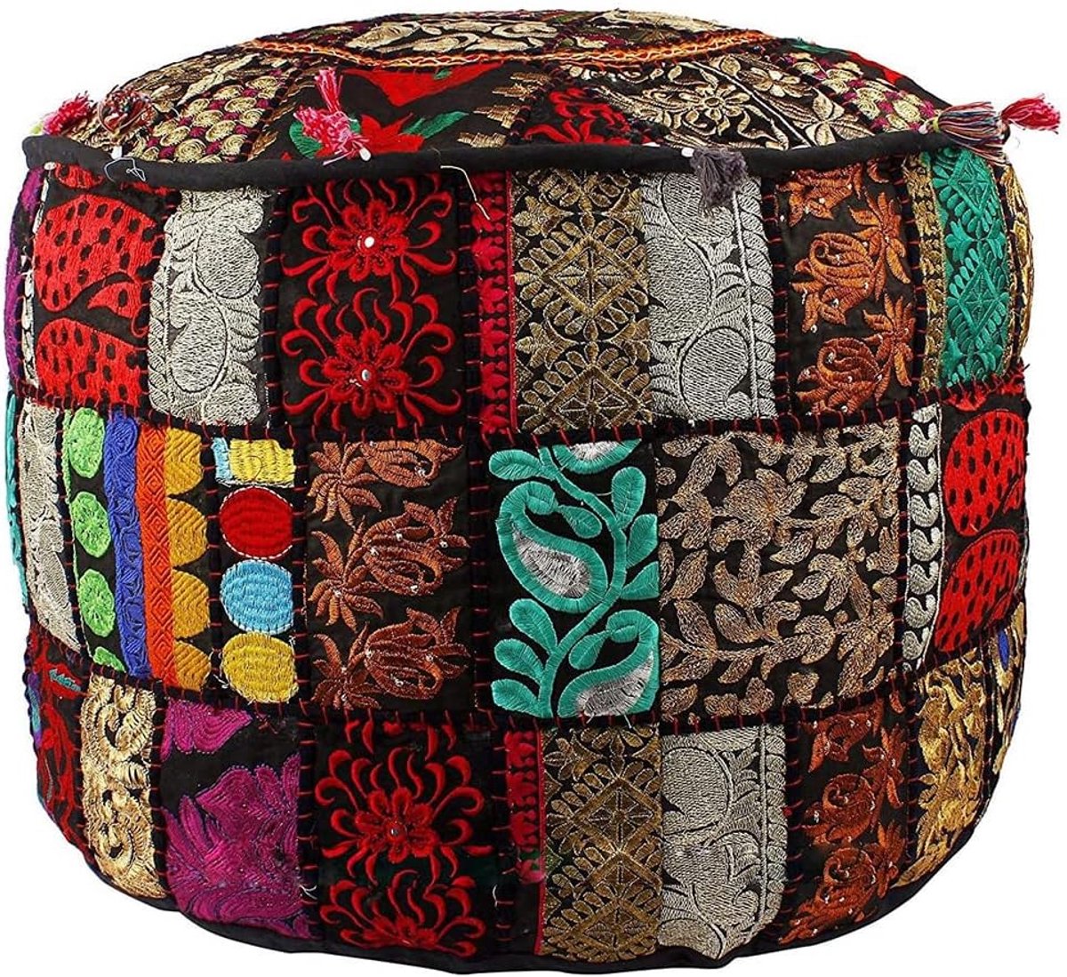 Geborduurde Indische poef van katoen met etnische decoratie - Ottomaanse zitzakhoes (zwart 56 x 35 cm)