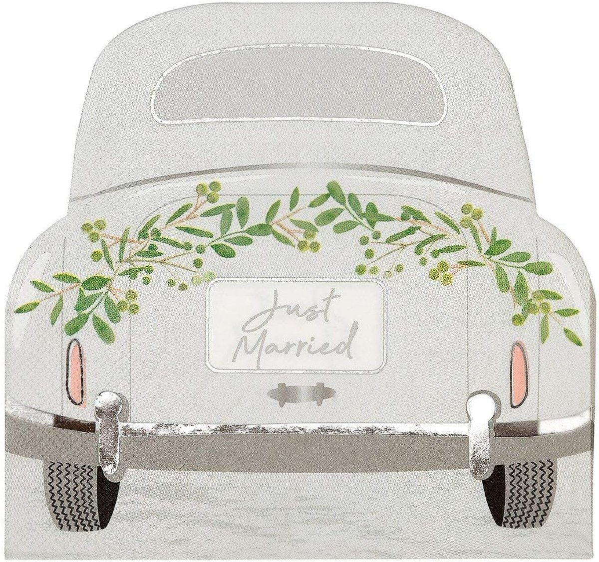 Auto-vormige 'Just Married' servetten - 16 stuks - 16 cm - glanzend