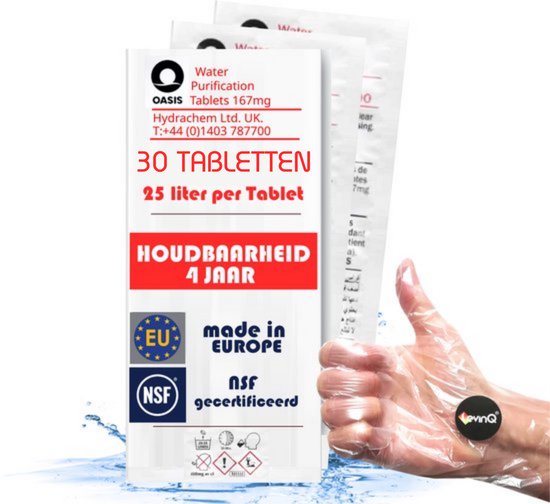 Pak met 30 Oasis waterzuiveringstabletten. 25 liter per tablet. Houdbaarheid 4 jaar. Gemaakt in Europa, NSF gecertificeerd.