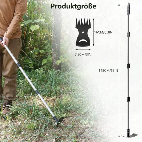Onkruidsteker met Lange Steel - 160cm Onkruidverwijderaar - 2-in-1 Onkruidhark & Tuinschoffel Combinatie - Tuingereedschap voor Tuin, Terras, Gazon - Zwart/Groen - 1 Stuk — afbeelding 3