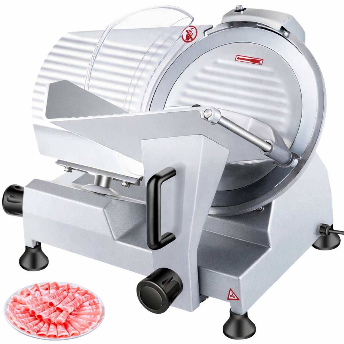 Elektrische Vleessnijmachine 240W - 10 Inch Koolstofstalen Mes - 350-400 RPM - Verstelbare Dikte 0-12 mm - Ingebouwde Slijpsteen - Veiligheidsschild - Antislip Voetjes - Afneembare Onderdelen - Commercieel en Thuisgebruik - Vlees Kaas Groenten