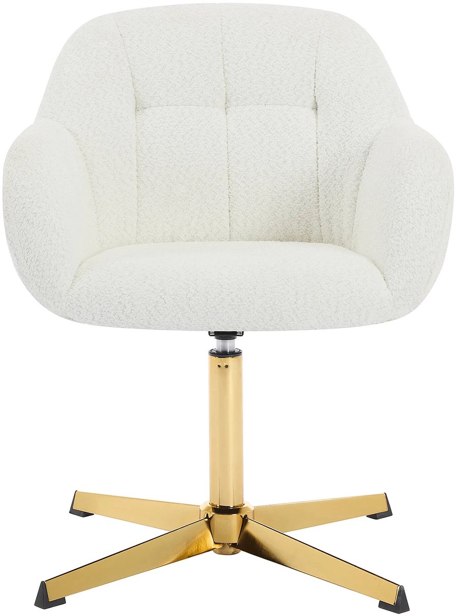 Bureaustoel Bouclé Wit met Goudkleurige Poten – Luxe Teddy Stof Draaistoel met Armleuningen en Wielen – 59,5 x 61 x 79 cm – Ergonomische Comfort Bureaustoel voor Thuiswerkplek en Kantoor – Abkantoor