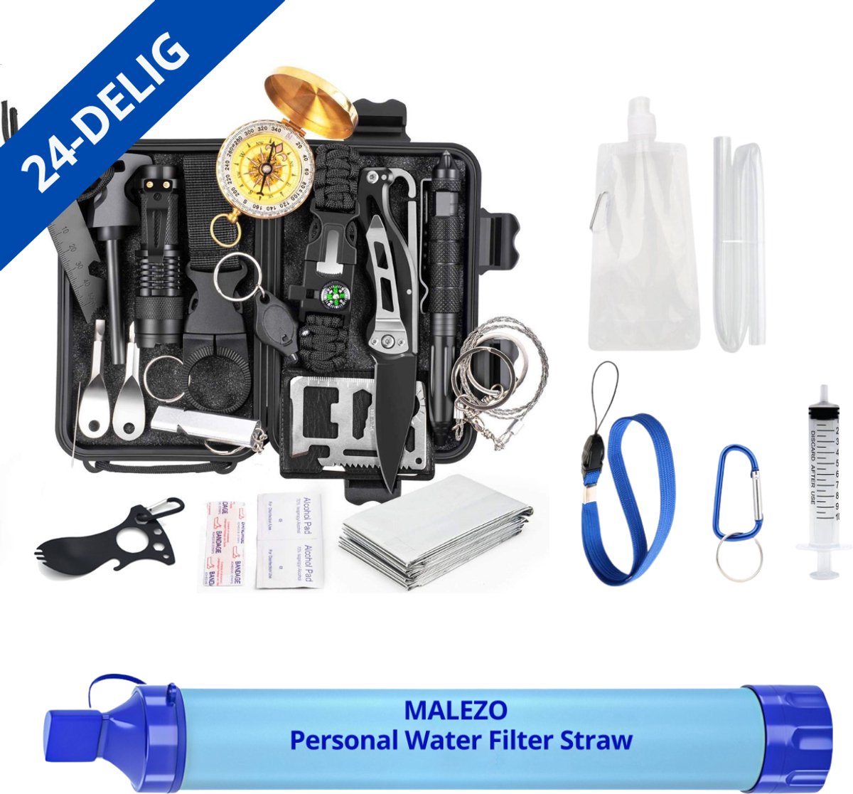 MALEZO Survival Kit & Water Filter Straw- Overlevingspakket - Nooduitrusting - Survival armband, zakmes, paracord armband, vuursteen vuurstarter kit, zaklamp, kompas - Noodpakket - Outdoor camping survival set - Survival spullen