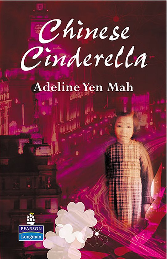 Boekomslag met een meisje in een ruitjesjurk tegen een roze stadse nachtelijke achtergrond, met de titel 'Chinese Cinderella'.