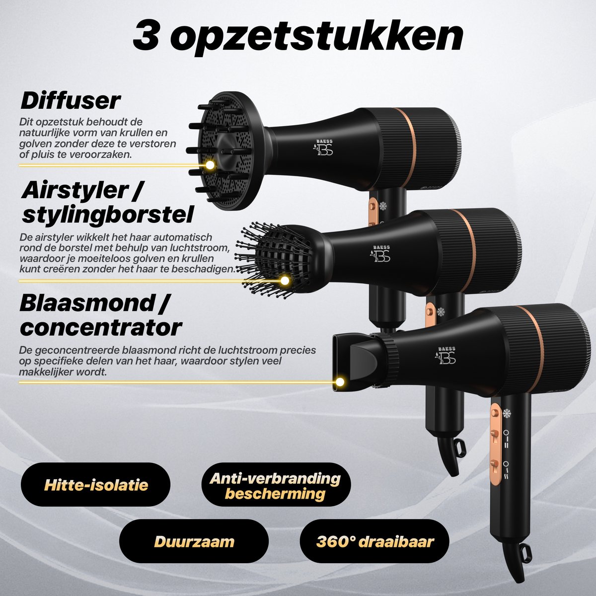 BAESS Föhn met Diffuser - Ionische Haardroger - Retro Zwart - afbeelding 3