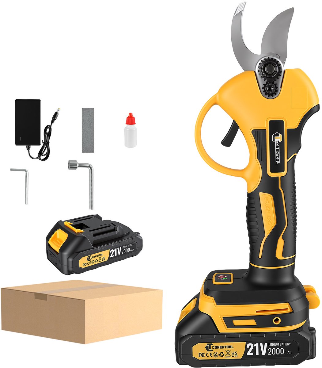 CONENTOOL Elektrische Snoeischaar Incl. Accessoires en 1 Accu - 25mm Snijddiameter - Borstelloze Motor - Professioneel Heggenschaar op Batterij - Draadloos