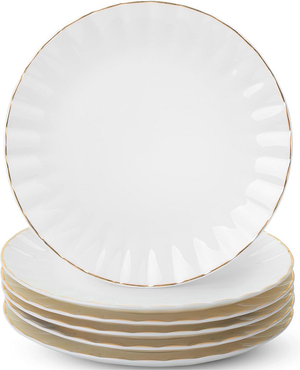 Set van 6 Witte Dessertborden 20 cm met Gouden Rand - Elegant Porselein