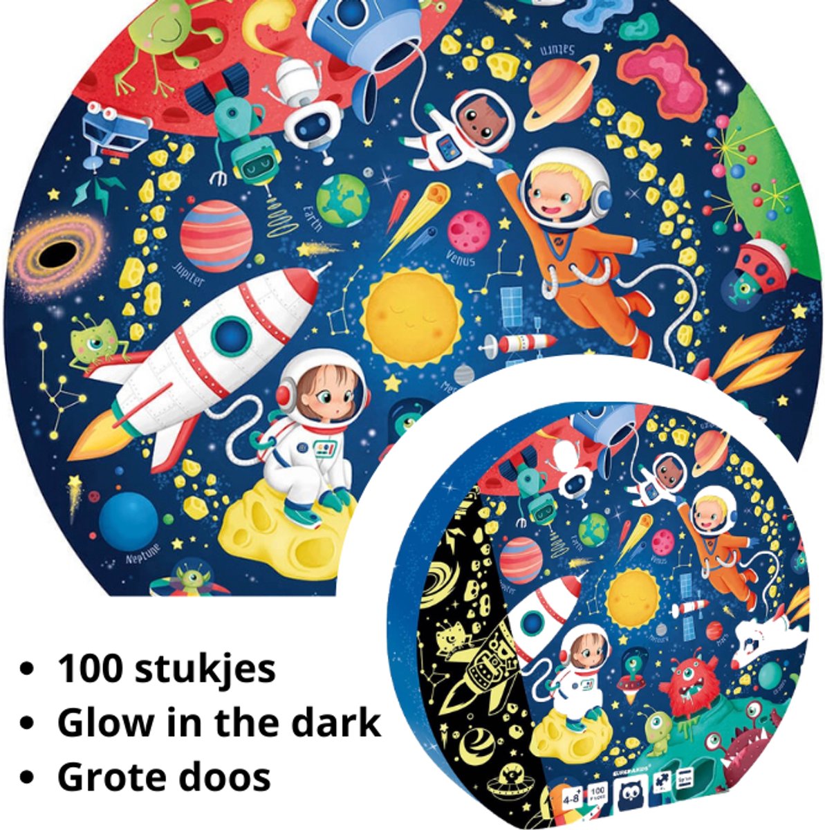 Eurekakids Puzzel Space - 100 Stukjes - Glow in the Dark - Rond - Diameter 76 cm - Grote Ruimtevaart Legpuzzel / Vloerpuzzel voor Kinderen - In Stijlvolle Verpakking
