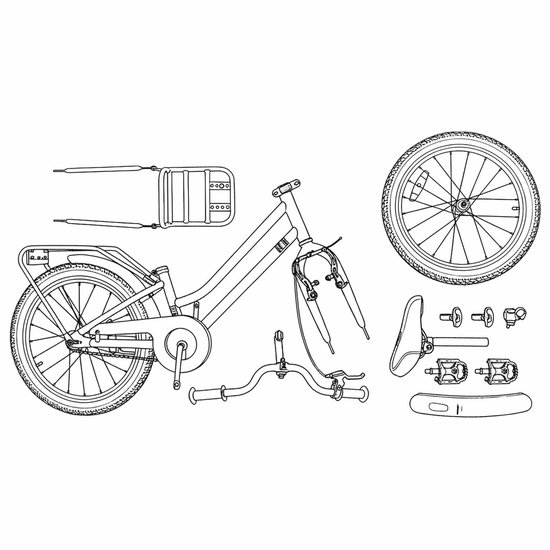 Tekening van een kinderfiets in onderdelen: frame, wielen, zadel, stuur, pedalen en rekken.