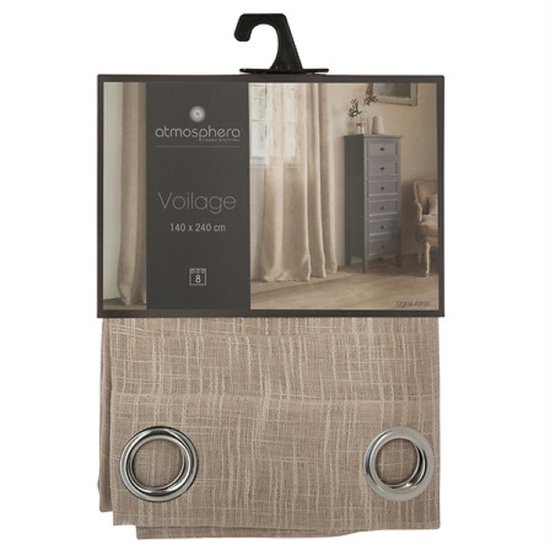 Beige voorgordijn, 140 x 240 cm, met verweven structuur en metalen ringen.