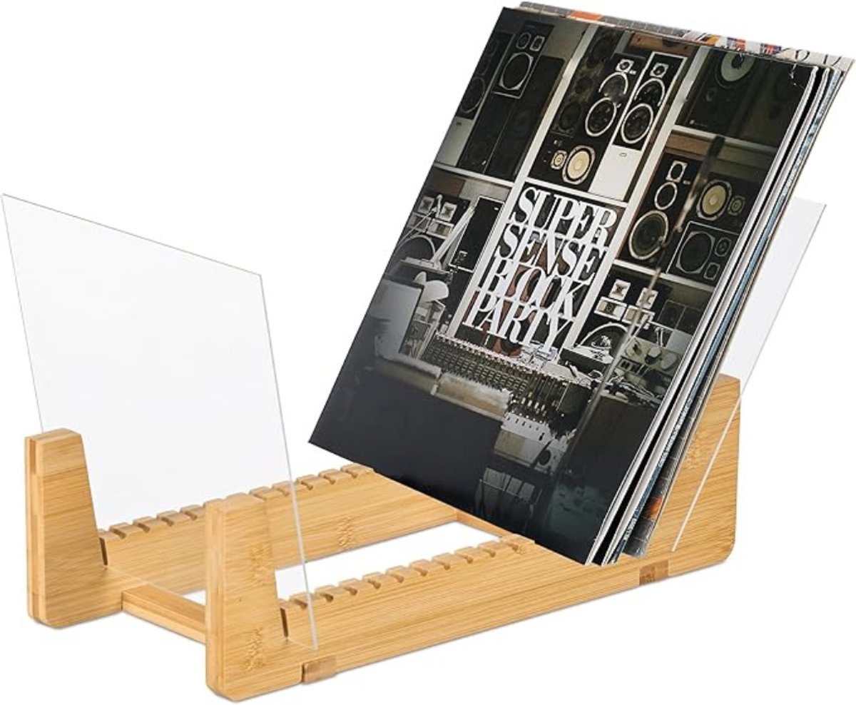 Verte LP Opbergsysteem - LP-Houder voor 50 LP's - Bamboe - Acryl - 15 Inkepingen - Vinylopslagsysteem - Naturel-Transparant - 21x37,5x19 cm