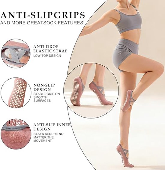 Yogasokken - Antislipsokken - Antislipvloersokken - Atletische sokken - Gesloten teen - Crossover-ontwerp - Geschikt voor yoga, pilates, dans, sokken op blote voeten - Eén maat - 4 paar van Merkloos — afbeelding 5