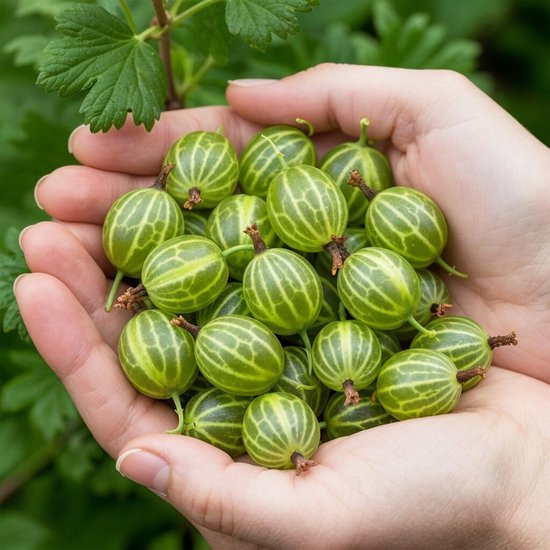 Groene kruisbessen met lichte strepen, vastgehouden in twee handen.