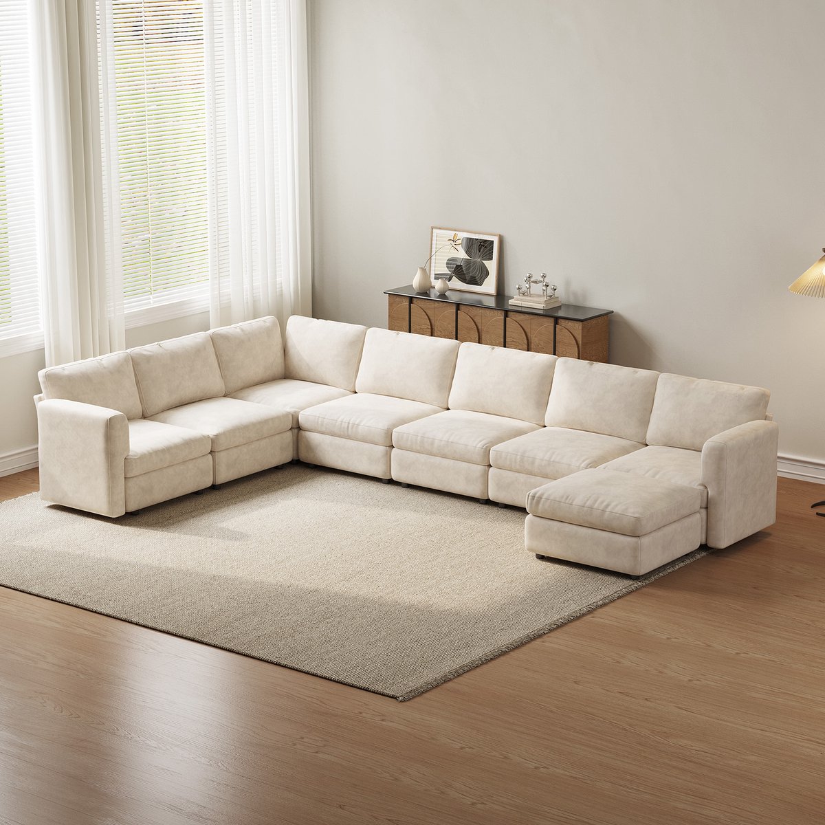 Guyii Nordic Comfort Serie – Modulaire Hoekbank met Ottoman en Opbergruimte – 8-Zits L-Bank – Beige