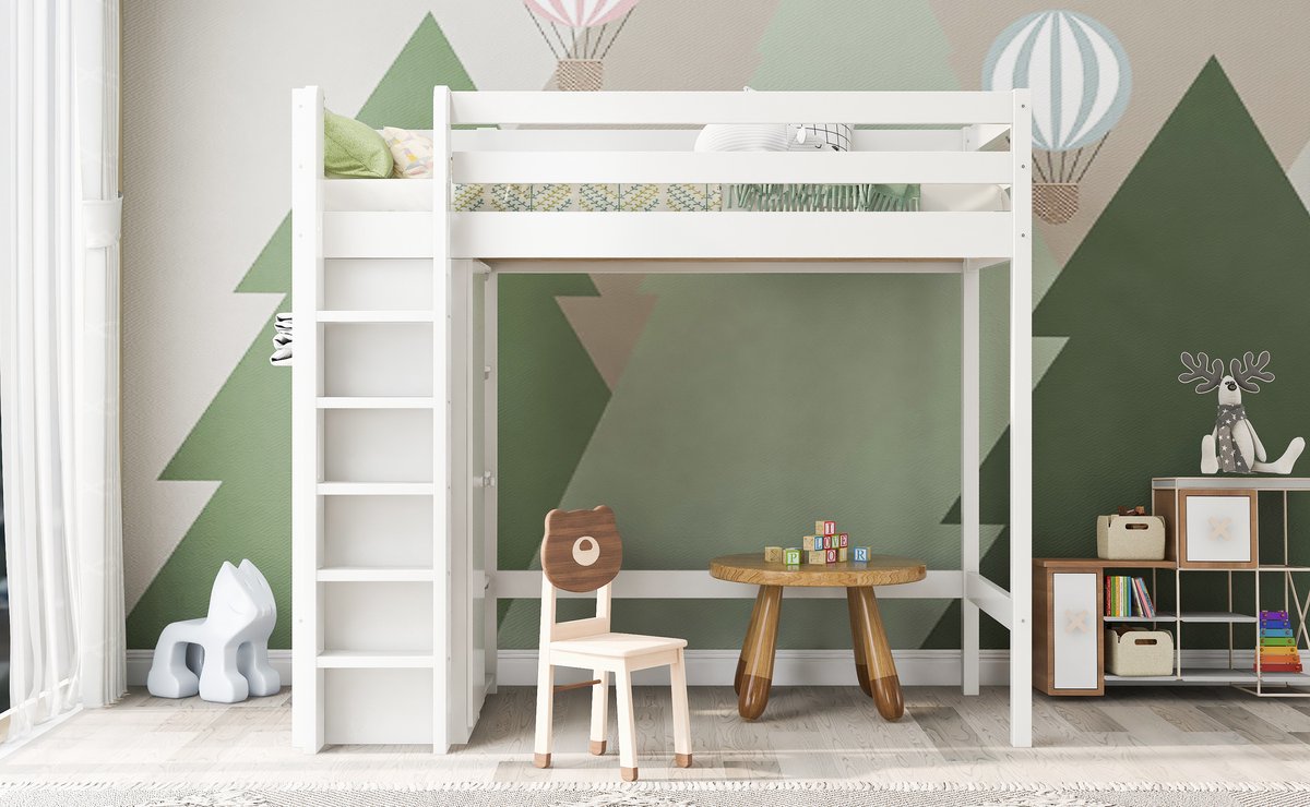 Wishdor Kinderhoogslaper 90x200 cm – Kledingkast & 6 Planken – Klassiek Wit