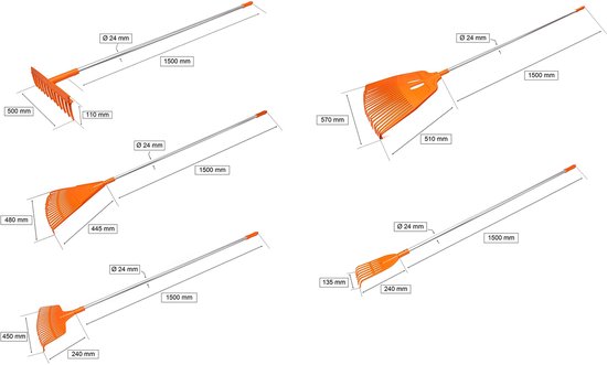 KOTARBAU® Set 5-Delig Bladhark, Kunststof, 150 cm, Oranje, Tuinhark, Gazonhark, Stevige Hark, Uitwisselbare Opzetstukken, met Aluminium Steel, Extra-Click van Merkloos	 — afbeelding 2
