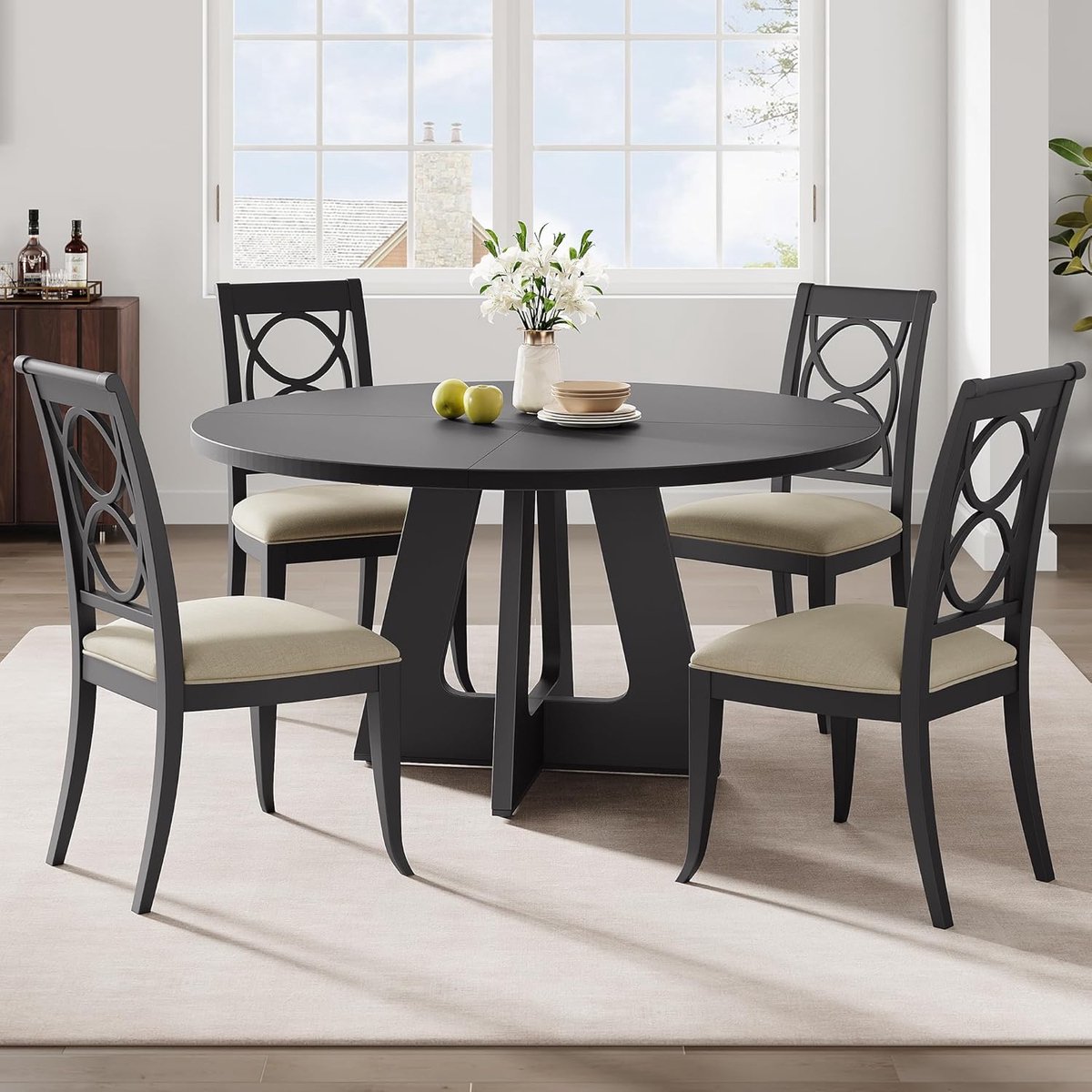 Grote Ronde Eettafel - Ø 120 cm - Geschikt voor 4 tot 6 Personen - Landelijk Design met Houten Poten - Zwart (Exclusief Stoelen)
