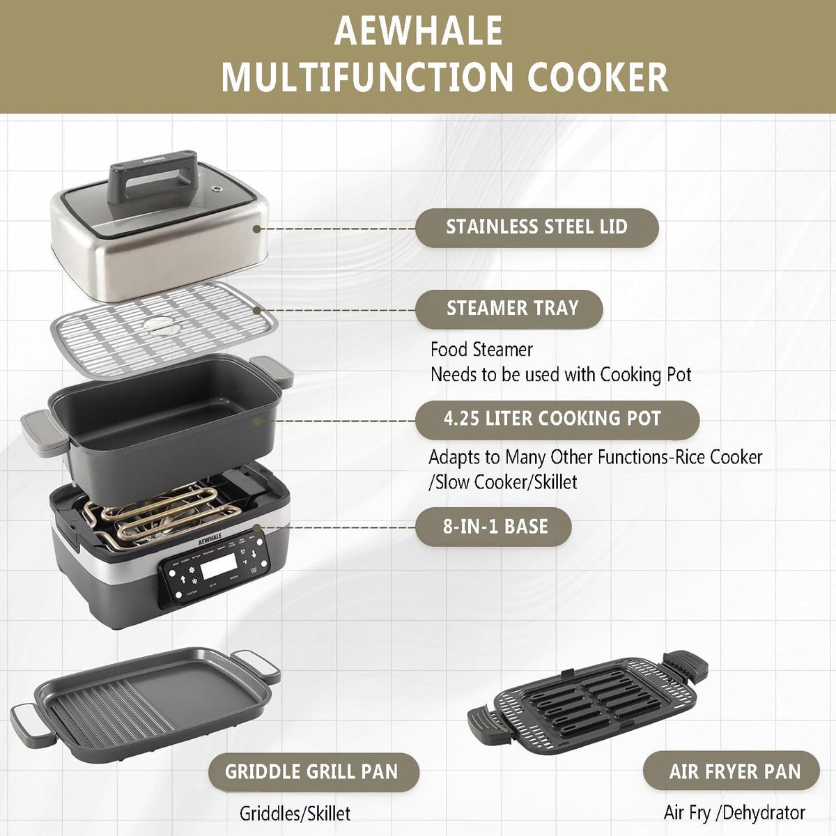 8-in-1 Multicooker met Airfryer, Rijstkoker en Slowcooker Functies – foto 3