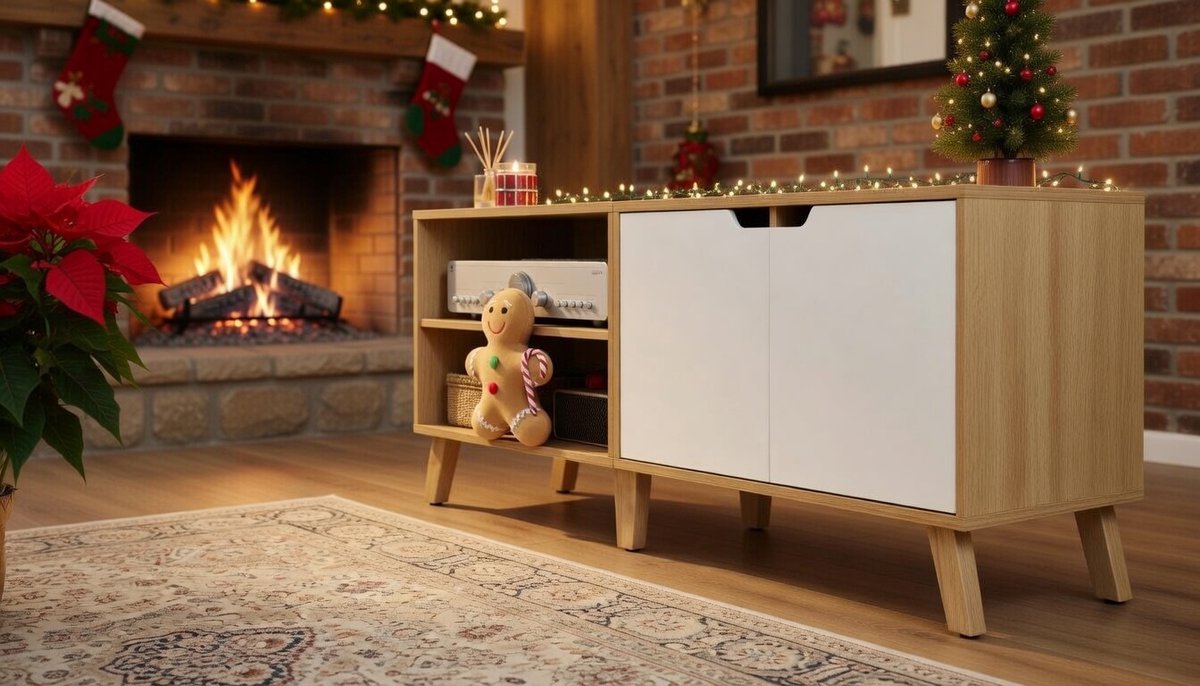 TV meubel -TV-kast 140 cm – Casa Velluto rustiek televisiemeubel met 2 deuren en open vakken, geschikt voor tv’s tot 60 inch, verstelbare opbergruimte, natuurlijke eik/crème, woonkamer, eetkamer en slaapkamer