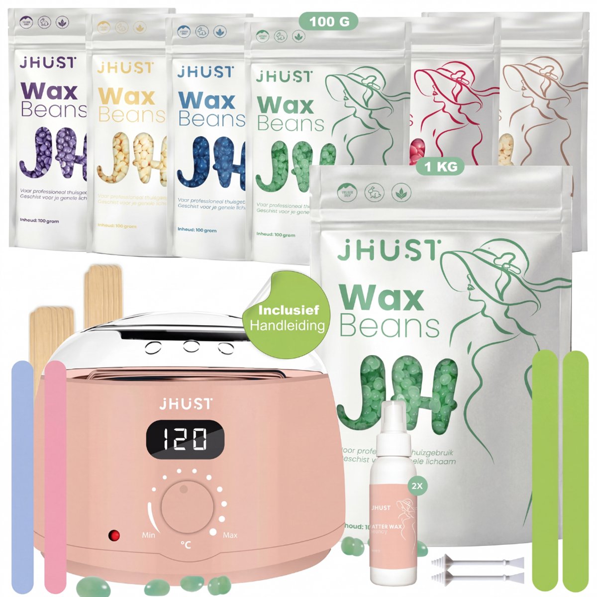 JHust® Professionele Wax Apparaat SET Roze + Extra 1000 Gram Wax Beans + Siliconen Wax Sticks - Wax Beans Verwarmer - Wax Heater - Ontharing Set - Wax Set - Wax stick - Harsontharing - Waxverwarmer - Wax Bonen - kerstcadeau voor vrouwen