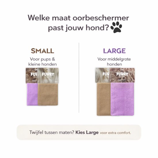 Keuzehulp voor honden oorbeschermer maten: Small voor pups en kleine honden, Large voor middelgrote honden. Lila paarse en bruine handdoeken.