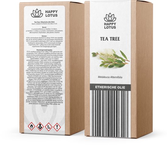 Kartonnen verpakking met flesje etherische olie. Label met 'Happy Lotus Tea Tree Etherische olie'.