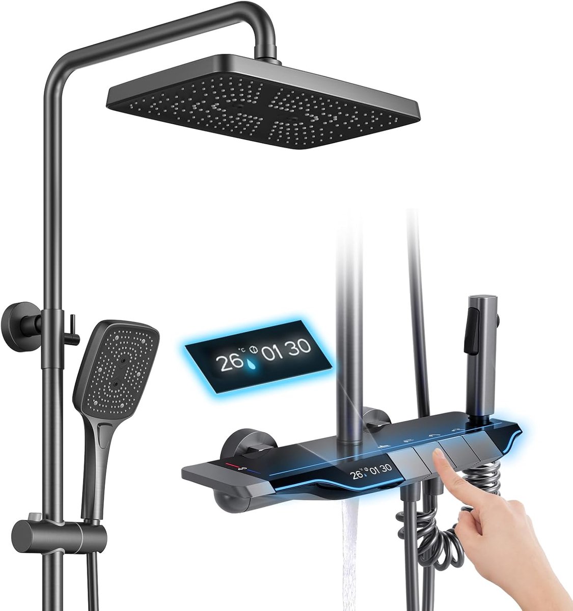 Thermostatisch Douchesysteem met Regendouche, Handdouche en Baduitloop - Digitaal Display
