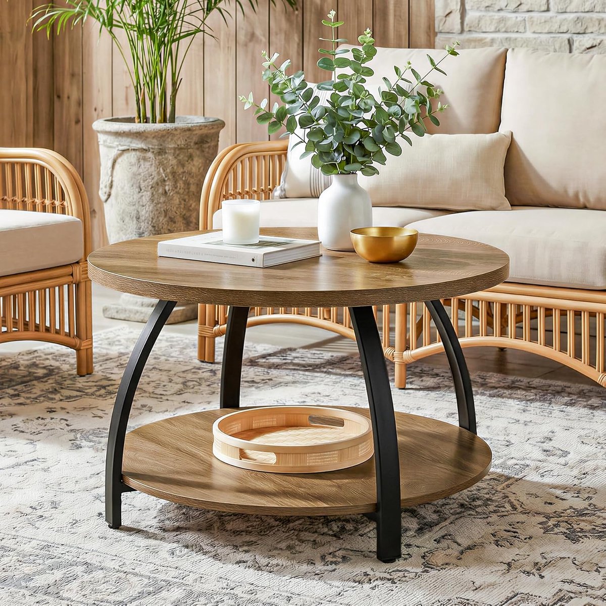 LITTLE TREE Ronde Salontafel - 80x80x50 cm - 2 lagen - Bruin & Zwart