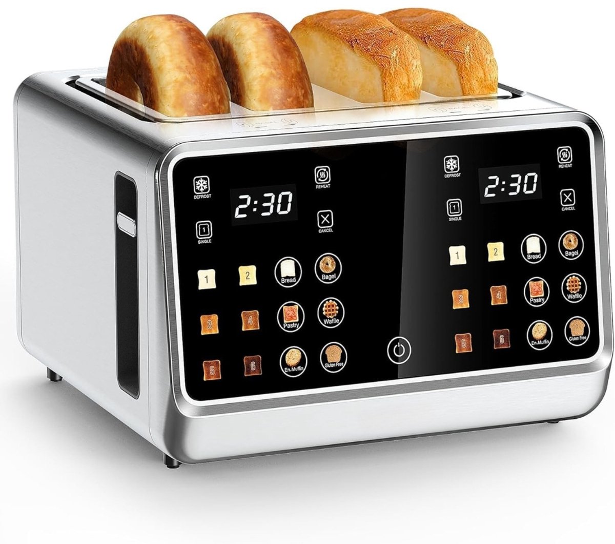 Broodrooster - RVS Toaster 4 Sneetjes - 6 Warmteniveaus - Led display - Roestvrij staal - Uitschuifbare kruimellade - Grijs