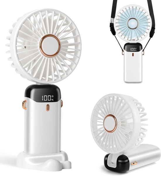 Draagbare handventilator wit 3-in-1 opvouwbaar 3200mAh 12 uur batterij LED scherm 5 snelheden stille motor