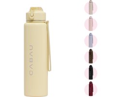 Cabau Bloom RVS Waterfles 870ml Butter Yellow - Geïsoleerde BPA-vrije & Lekvrije Thermosfles - Duurzame Herbruikbare Drinkfles met Schoonmaakborstel & Draagkoord - BPA vrij Sportfles Dames - Waterfles Volwassenen - Cadeau voor Haar